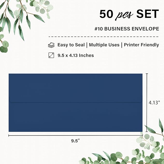 50 Pack #10 Business Envelopes, Self Seal Standard Navy Blue Envelopes for Secure Business & Legal Mailing, Office, Checks, Letter, Invoices, 4 1/8 x 9 1/2 Inches