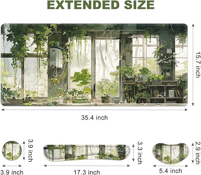 Large Mouse Pad and Keyboard Wrist Rest, Extended Mouse Pad with Wrist Support Ergonomic, Non-Slip Desk Mat, Desk Protector Blotter for Home Office, Window Green Plants