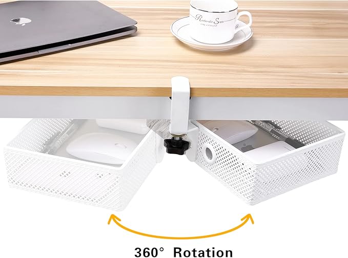 Mesh Desk Organizer and Clamp-on Swivel Pencil Drawer, Desk Hidden Desk Organizer Extra Sturdy C-Clamp Mount System and Easy to Instal, Home Office Art Supply Storage Box (White)