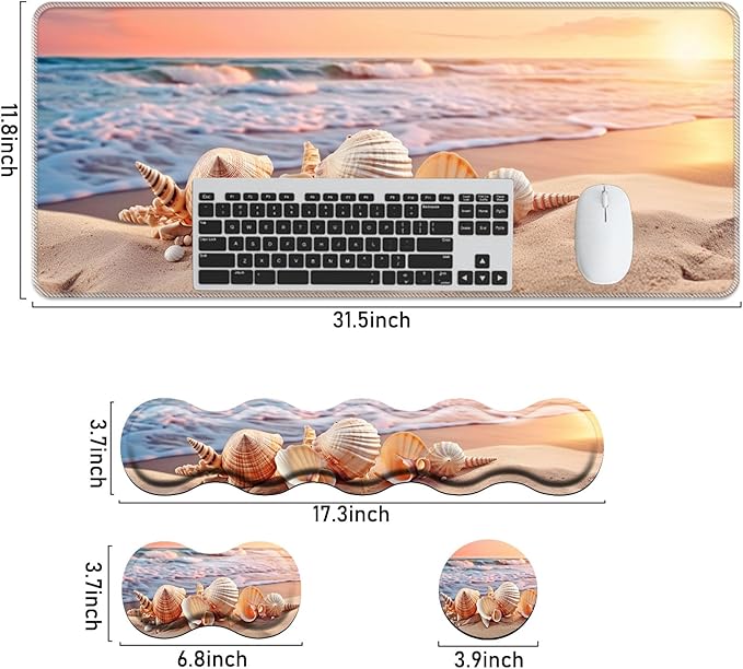 Keyboard Mouse Pad Set,Large Mouse Pad+Keyboard Wrist Rest+Wrist Support+Coaster,31.5x11.8in Extended Desk Mat for Computer Laptop Office Home-Sandy Beach Shell