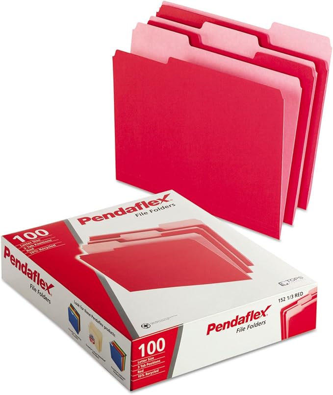 Pendaflex Two-Tone Color File Folders, Letter Size, Red, 1/3 Cut, 100 per box (152 1/3 RED)