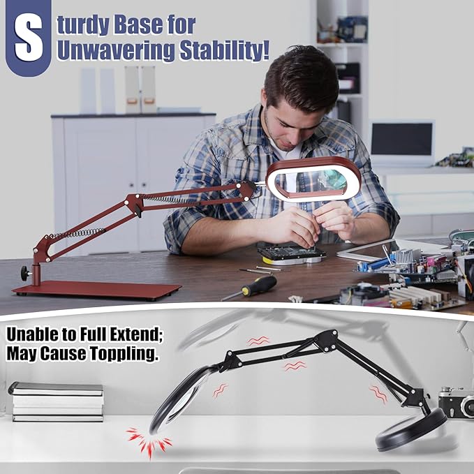 10X Square Magnifying Glass with Light and Stand, Real Glass LED Lighted Magnifier, 5 Color Modes Stepless Dimmable, Hands-Free Mag Desk Lamp with Clamp for Reading Craft Hobby Close Work - Red