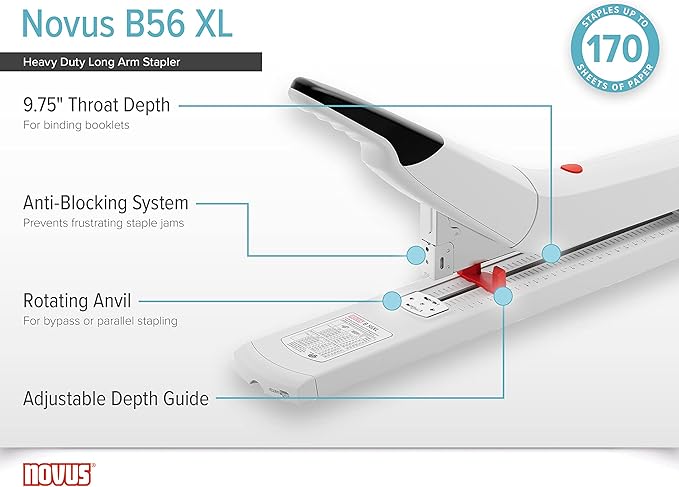 Novus B56 XL Heavy Duty Long Arm Stapler, 20-170 Sheet Capacity, 9.75" Stapling Depth, Anti-Jam, German Engineered (023-0062)