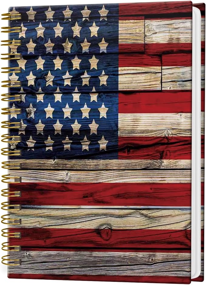 Spiral Notebook Journal for Women Men, A5 Hardcover Journal, 120 Pages Thick Paper, College Ruled Writing Notebook for School, Work & Office 8.3'' × 5.9''(Vintage Wood American Flag)