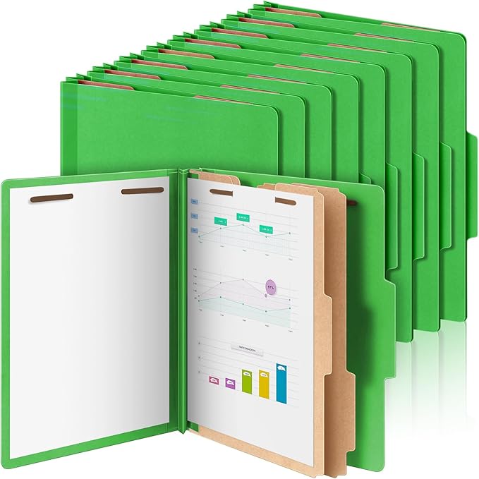 12 Pcs Classification Folders Letter Size Bulk - 2 Dividers Pressboard File Folder with 3. 5 Inch Expansion, 2 Prongs Fastener, Heavy Duty Office File Organizer for Teacher Medical (Green)
