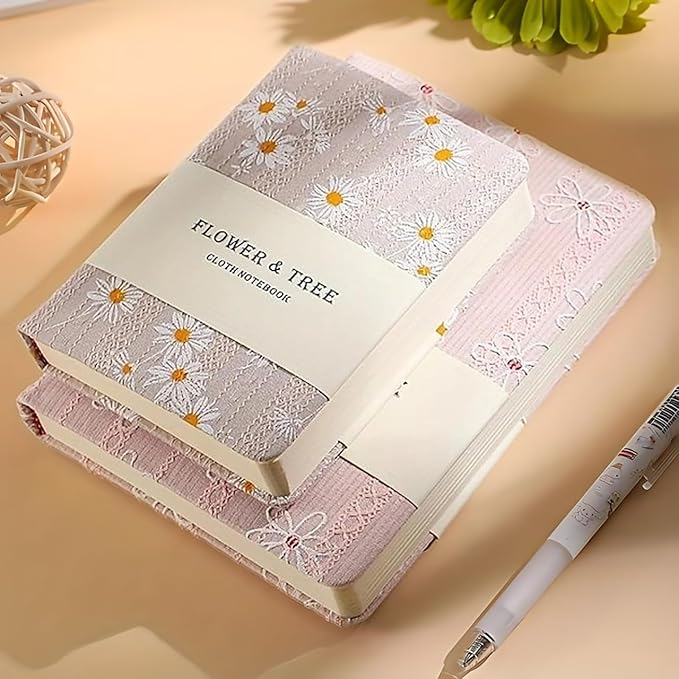 Fabric Pocket Notebook, Flower Cloth Hardcover Journal, A6, 264 Pages, 4x6 Small Notebook & Sketchbook, Similar Embroidered Journal, Lay Flat, Daisy Gifts for Women, Pink