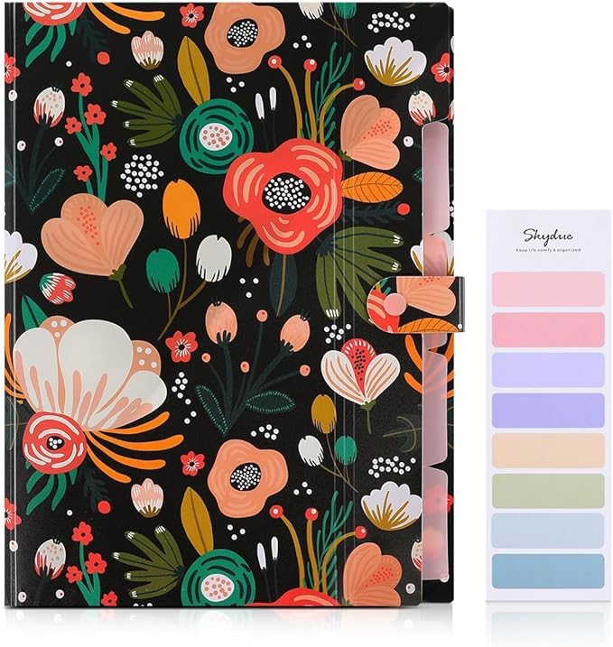 SKYDUE Expanding File Folder with 5 Pockets, Floral Accordion File Organizer for Important Document，Portable Receipt Paper Organizer，School Office Supplies Black