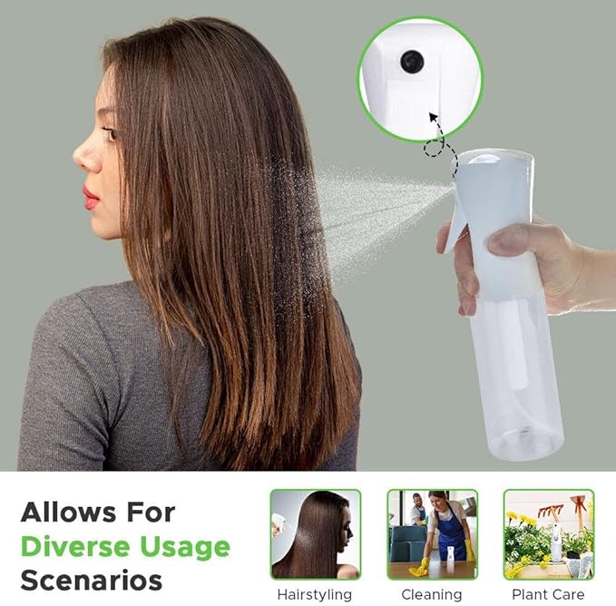 VIGOR PATH Continuous Spray Bottle with Ultra Fine Mist - Versatile Water Sprayer for Hair, Home Cleaning, Salons, Plants, Aromatherapy, and More - Empty Hair Spray Bottle (Clear - 10oz - 2pack)