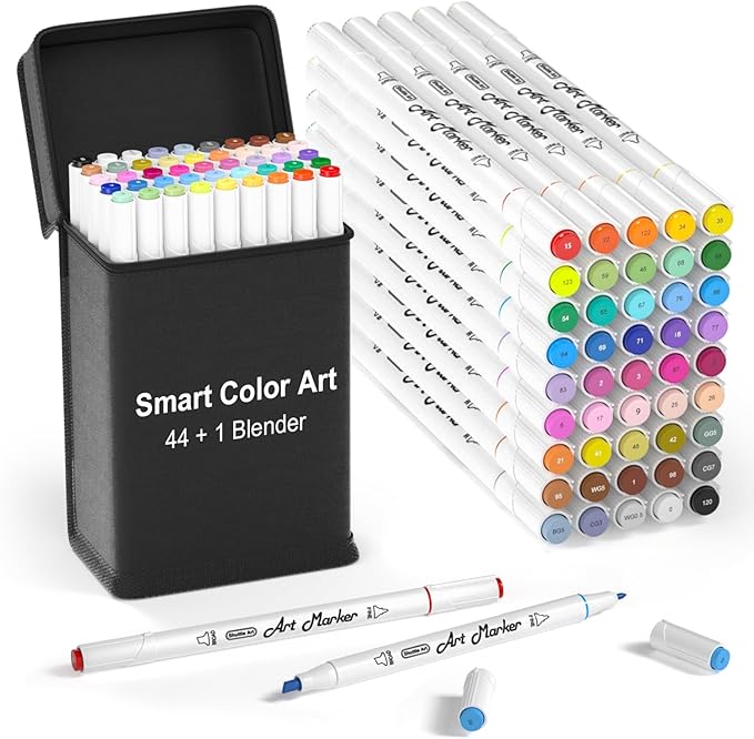 Smart Color Art Art Markers, 44 Coloring Markers and 1 Blender, 45 Pack Alcohol Based Dual Tip Permanent Highlighters with Case, Excellent for Adults Kids Marking Drawing Sketching