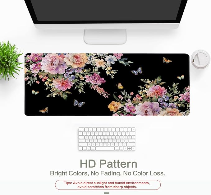 Vimorco Desk Mat Mouse Pad Butterfly Flower, Waterproof Pink Floral XL Large Gaming Desk Pad Mousepad, Black Computer Laptop Keyboard Mouse Mat for Women Girls Work, Game, Office, Home 31.5 x 11.8 in