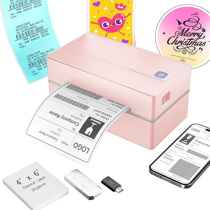 Bluetooth Thermal Shipping Label Printer: 4x6 Wireless Mini Clear Label Maker with Waterproof Tape for Small Business - Widely Used for USPS UPS Ebay Amazon Shopify Etsy, Pink