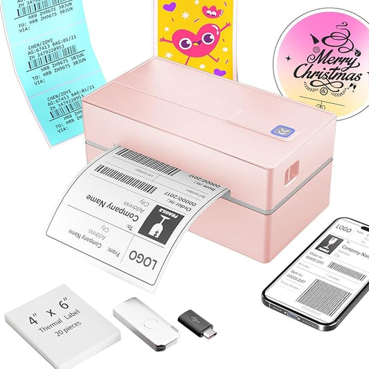 Bluetooth Thermal Shipping Label Printer: 4x6 Wireless Mini Clear Label Maker with Waterproof Tape for Small Business - Widely Used for USPS UPS Ebay Amazon Shopify Etsy, Pink