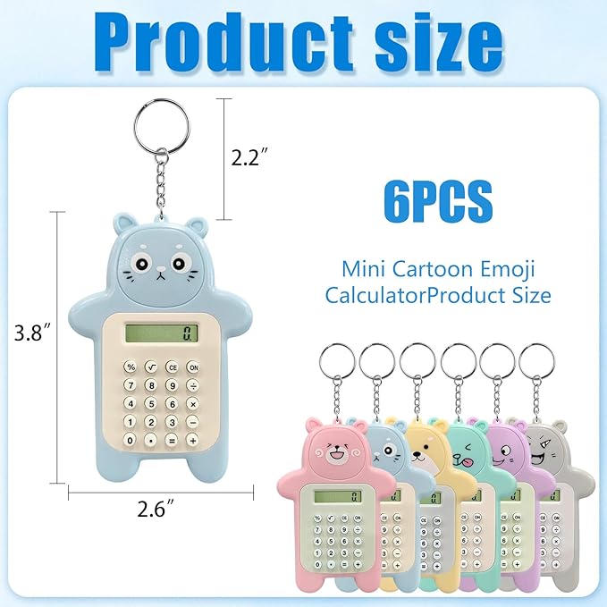 6 Pcs Portable Mini Calculator Keychain,8-Digit LCD Display Cartoon Bear Calculator for Home Office Kids and Adults