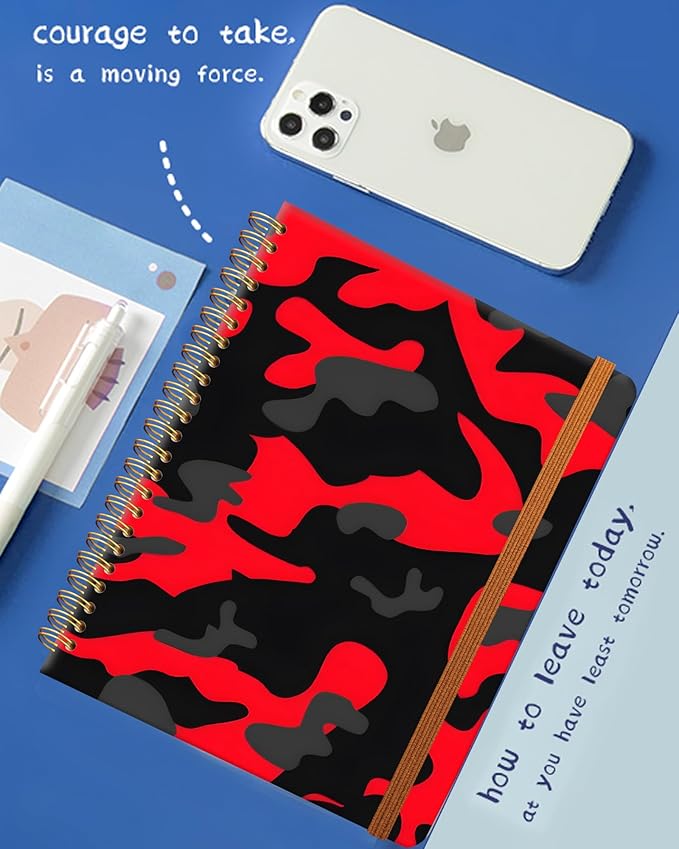Ruled Spiral Writing Notebook,A5 Hardcover Lined College Journal for Women,Strong Twin-Wire Binding with Premium Paper,8.4" X 6",Perfect for School,Office,Home(Red Black Camo Camouflage)
