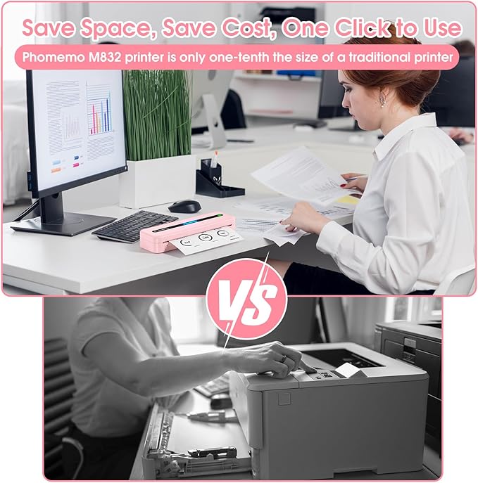 Phomemo M832 Portable Printers Wireless for Travel, Bluetooth Inkless Thermal Printer, Support 8.5"x11"/A4/4.33"/3.15"/2.08" Thermal Paper, Compatible with iPhone Laptop for Office School Home Use