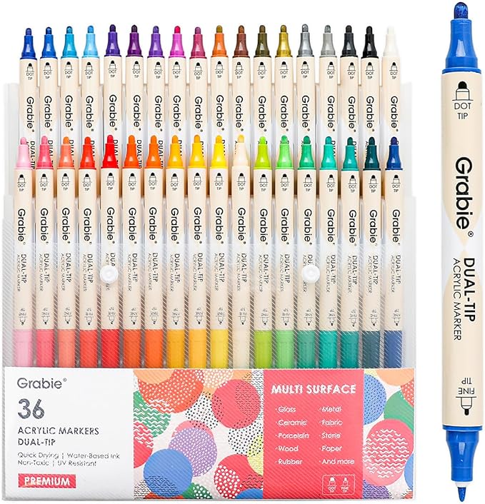 Grabie 36 Dual Tip Acrylic Paint Markers, Acrylic Paint Pens, Fabric Markers for Fabric, Canvas, Rock, Glass, Wood, Paper, DIY, Canvas DIY Art Supplies Kit, Set of 36