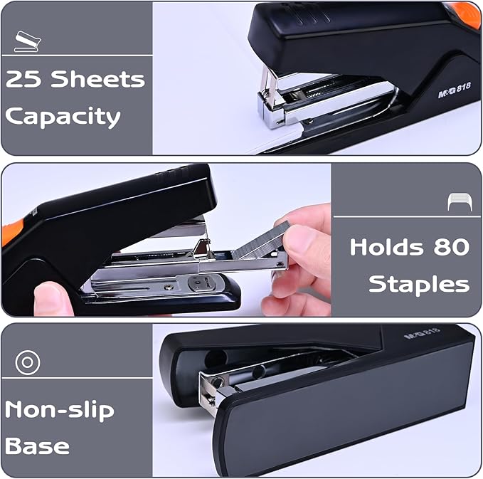 M&G Effortless Stapler with 1000 Staples for Desk, 25 Sheets Capacity Heavy Duty Desktop Staplers, Jam Free, Easy to Load, Ergonomic One Finger Touch Stapler for Office School Supplies (Black)