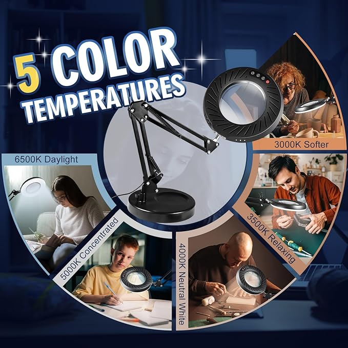 12X Magnifying Glass with Light and Stand, 144 LEDs Brightest Desktop Magnifying Lamp, 10 Dimmable Brightness 5 Color Modes, Hands Free Metal Desk Lamp for Craft Reading Painting Hobby Close Work