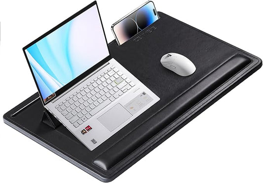 CENNBIE Leather Lap Desk with Memory Foam Cushion 24x16 Inches- Adjustable Portable Laptop Tray Fits 17 19 Inch Notebook - Built-in Wrist Rest Lightweight Computer Desk (Black)