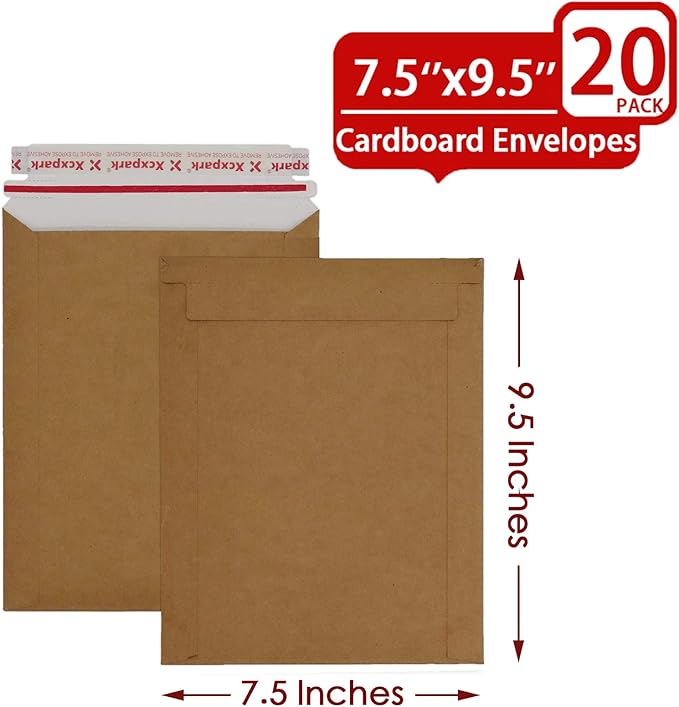 20 Pack brown Kraft Rigid Mailers, 7.5x9.5 inches Self Seal Photo Document Mailers Premium Cardboard Keep Flat Envelopes for Photos, Pictures, Papers CD