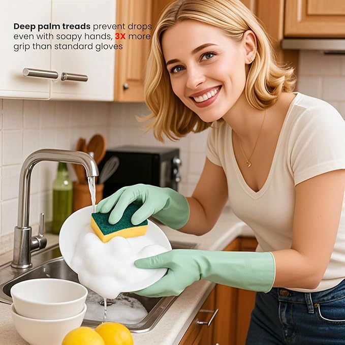 Rubber Dishwashing Gloves for Kitchen 4 Pairs Cleaning Household Dish Washing Reusable & Waterproof Latex Glove(Large)