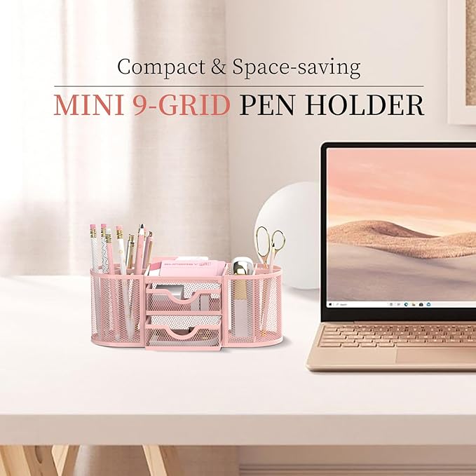 SUPEASY Mesh Desk Organizer, Desk Organizers and Accessories, Pen Holder with Drawers, Pencil Holder for Desk with 2 Drawer for Office Supplies, Pink