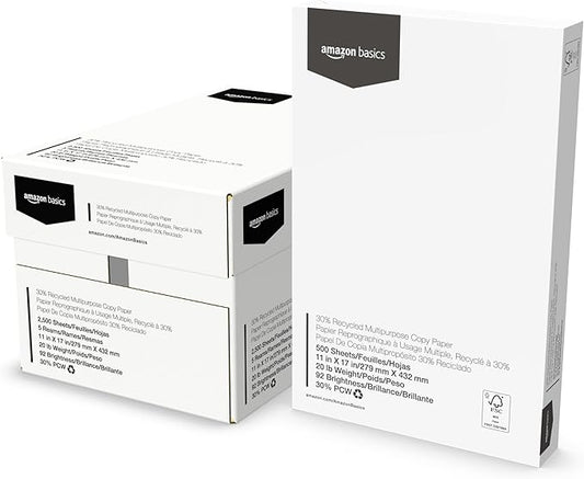 Amazon Basics 30% Recycled Multipurpose Copy Printer Paper, 11 x 17 Inches, 20 lb, 5 Ream, (2,500 Sheets), 92 Bright, White