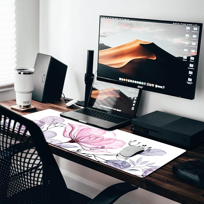 Extended Gaming Mouse Pad (31.5 X 11.8 in), Large Non-Slip Rubber Base Mousepad,Keyboard Mouse Mat Desk Pad for Work, Game, Office, Home - White Pink Flower, MOU-04