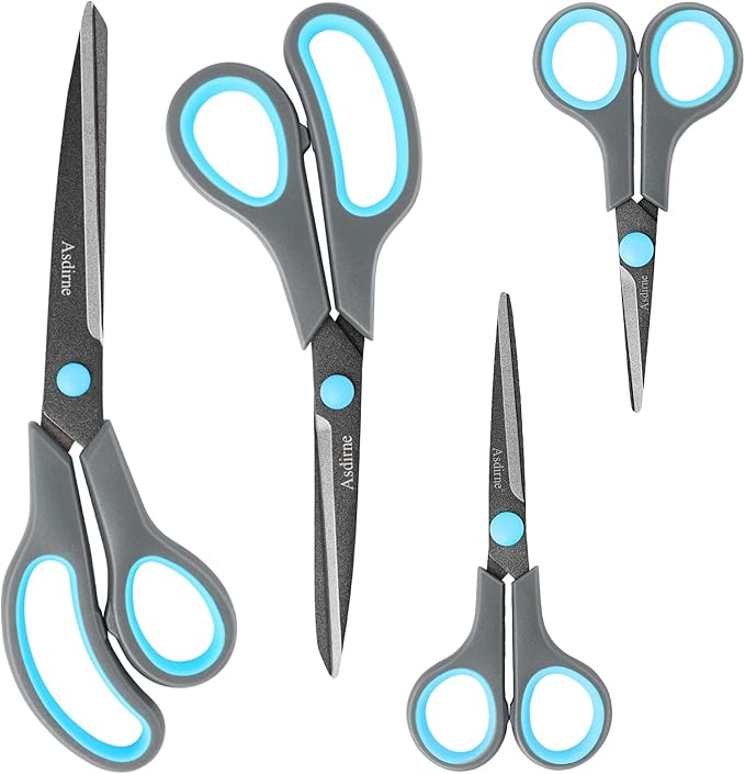 Scissors, Teflon Coating All Purpose Scissors, Non-Stick Stainless Steel Blades, Ergonomic Semi-Soft Rubber Grip, Great for Craft, Office, School, Set of 4, 10"/8.5"/6"/5", Blue&Gray