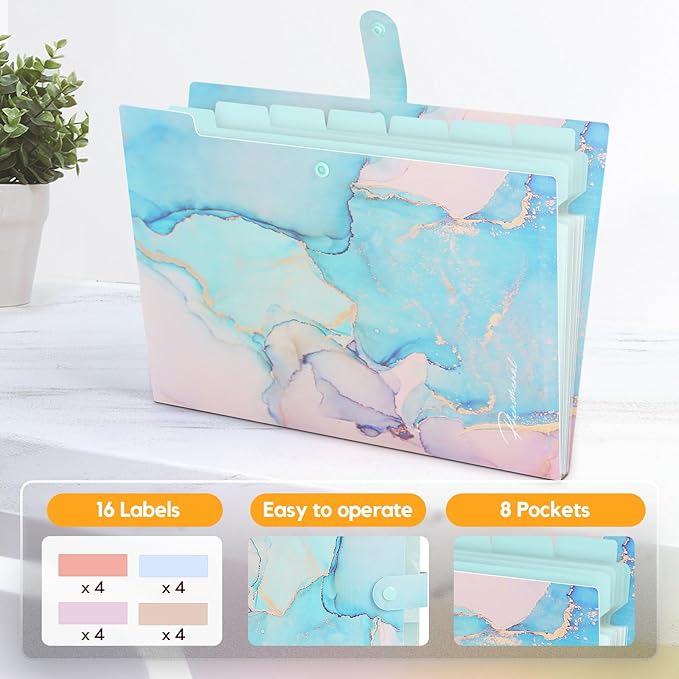 Expanding File Folder, Folders for Important Documents Organizer, Accordion File Organizer, Aesthetic Folders for School Students, 8 Pockets File Folder for Home Bills (Cyan Gold Marble)