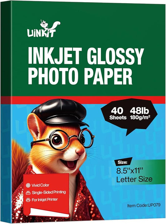 40 Sheets glossy Photo Paper Coated 8.5x11 180Gsm 49lbs 8.5Mil For Inkjet and Laser Printer Uinkit (8.5x11x40)