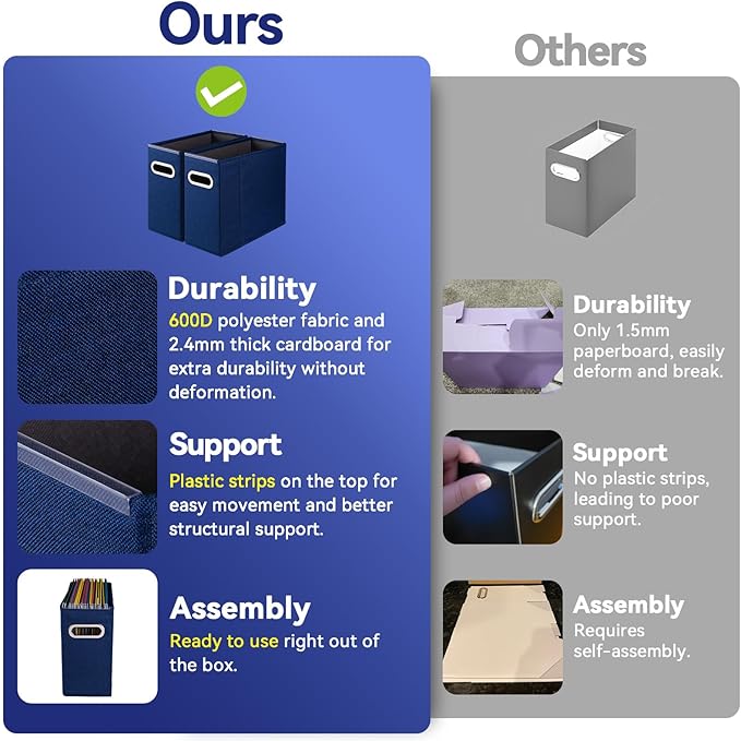 4 Packs Letter Size File Organizer, File Folders Organizer, Fabric Storage Box, Collapsible Paper Organizer with Metal Handle, Smooth PVC Rails, Only Box (Blue)