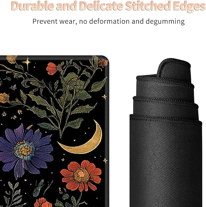 Desk Mat Large Gaming Mouse Pad (31.5x11.8 inch) with Stitched Edges, XL Mouse Pad +Coaster, Extended Mouse Mat Keybroad Mousepad Non-Slip Rubber for Gamer Men Women, Moth Moon Wild Flowers