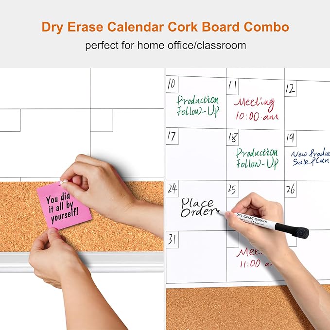 Comix Dry Erase Calendar Whiteboard Corkboard Combo, 24 * 18 inch Monthly Calendar and Bulletin Board Combination for Wall, Aluminum Frame Planner with Dry Erase Markers, Magnets, Push Pins