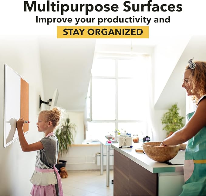 White Board and Cork Board Combo (36x48) Vision Board for 2025 - Half Bulletin Corkboard with Dry Erase Whiteboard Combination for Office or Home, Memo Board