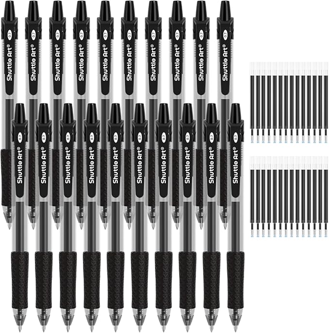 Shuttle Art Black Gel Pens, 48 Pack(20 Pens with 28 Refills) Retractable Medium Point Rollerball Gel Ink Pens Smooth Writing with Comfortable Grip for Office School Home Work