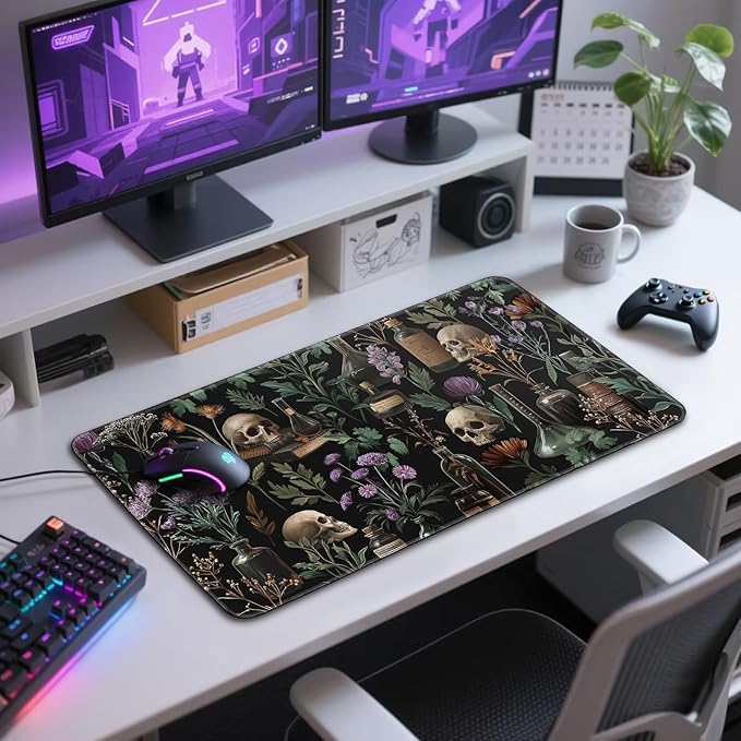 Large Gaming Mouse Pad 31.5x15.7 Inch, XXL Mousepad with Non-Slip Rubber Base & Stitched Edges, Extended Desk Mat for Computer/Laptop/Office/Home Goth Floral Black Mystical