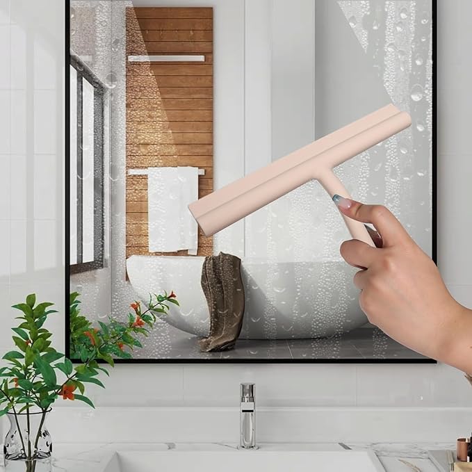 DEOFUXT Shower Squeegee for Glass Doors, Full Silicone Jacketed Squeegee with Ergonomic Handle & No-Drill Hook, Cleaning Tool for Windows, Mirrors, Tiles, Bathroom & Car - Beige