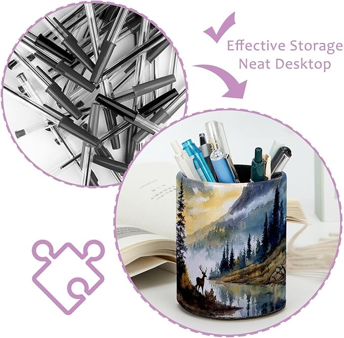 Watercolor Mountain Deer PVC Leather Circular Pencil Holder for Desk Organizer Stationery Holder for Office, School(3.9 x 3.1 Inches)