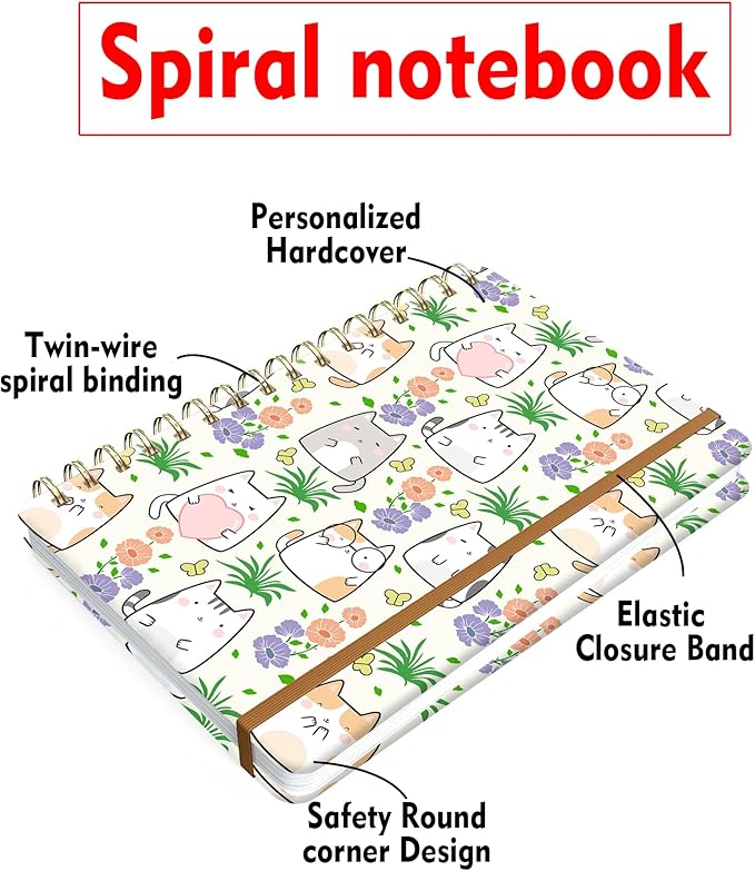 Spiral Journal Notebook for Women, Hardcover A5 College Ruled Notebook, 120 Pages, Thick Paper, Cute Lined Journal for School, Office & Work, 6 x 8.4 in(Cute Cats)