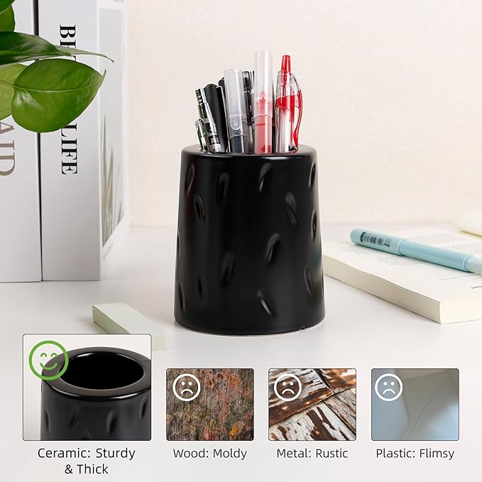 Ceramic Pen Holder for Desk, Makeup Brush Holder, Pencil Holder Stand, Pencil Cup Pot with Raindrop Design, Dual Use Desktop Organizer for Office, Home, School, Vanity