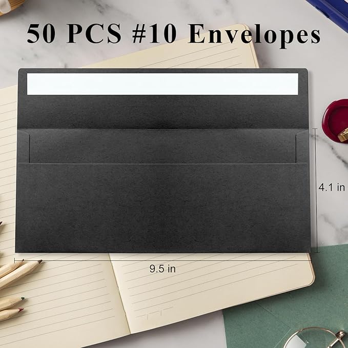 50 Pack Black #10 Business Envelopes, Standard Envelopes Self Seal, 4 1/8 x 9 1/2 Inch Letter Size Business Mailing Envelopes for Checks Invoices Statements Baby Shower Wedding Birthday Graduation