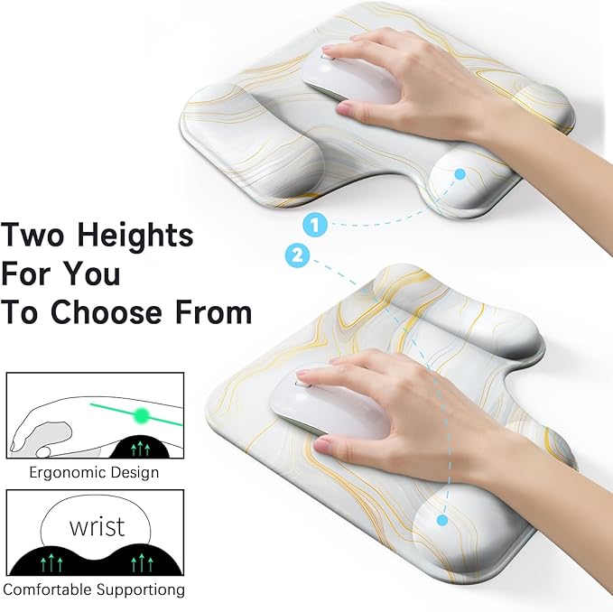 Ergonomic Mouse Pad with Gel Wrist Rest (1"& 1.2" Dual Height) - Mouse Pads Compact Mousepad Desk Mat Office, Gaming & Carpal Tunnel Relief | Non-Slip Rubber Base Gold Marble