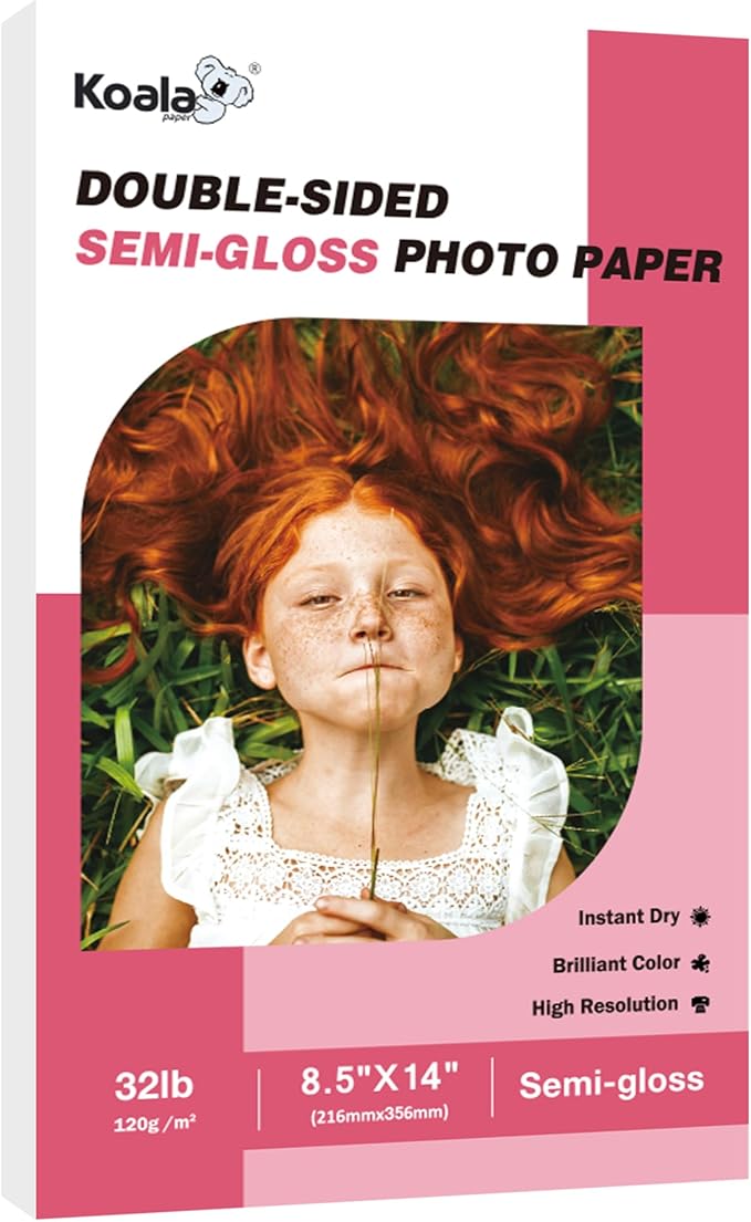 Koala Thin Double Sided Semi-Gloss Photo Paper 8.5X14 Inch Legal Size 100 Sheets 32LB for Inkjet and Laser Printer for Menu Flyer Print