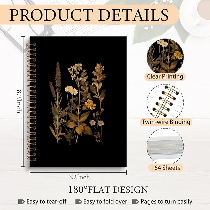Vintage Dark Floral Notebook Journal, Retro Wildflowers Journal for Women, Retro Floral Aesthetic Notebooks for Note Taking, Spiral Notebook 5.5x8.3 Inch