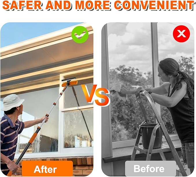 SISUPASSIE 36FT Reach 2-in-1 Window Squeegee, Professional Window Washing Kit with 7-30FT Extension Pole for Home, Indoor Outdoor Squeegee with Rotatable Head for High Windows