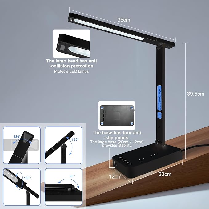karidi Smart Desk Lamp with Digital Clock, 4-in-1 Charging Station (2 AC Outlets, Type-C, USB-A Ports), Temperature Display, 5 Color & Brightness Settings, Ideal for Offices & Bedrooms