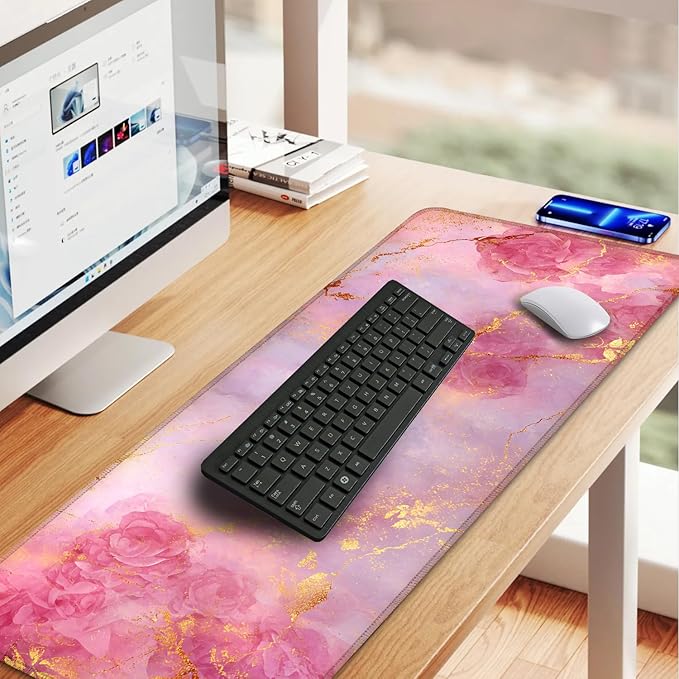 Elegant Pink Rose and Gold Marble Mouse Pad – 31.5" x 11.8" Extended Desk Mat with Abstract Floral Design – Luxurious Non-Slip Surface for Office & Home Decor