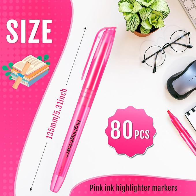 Fulmoon 80 Pieces Highlighters, Chisel Tip Bright Colors Quick Drying Markers for Adults Kids Highlighting in the Home School Office (Pink)