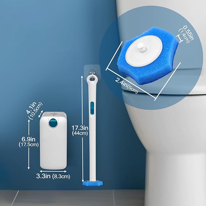NEWE Disposable Toilet Brush, Toilet Bowl Wand Holder Set with Upgraded Clamping System, 16PCS Cleaner Refills, Bathroom Cleaning Tool for Sink Bathtub Drain Wash Basin Urinal